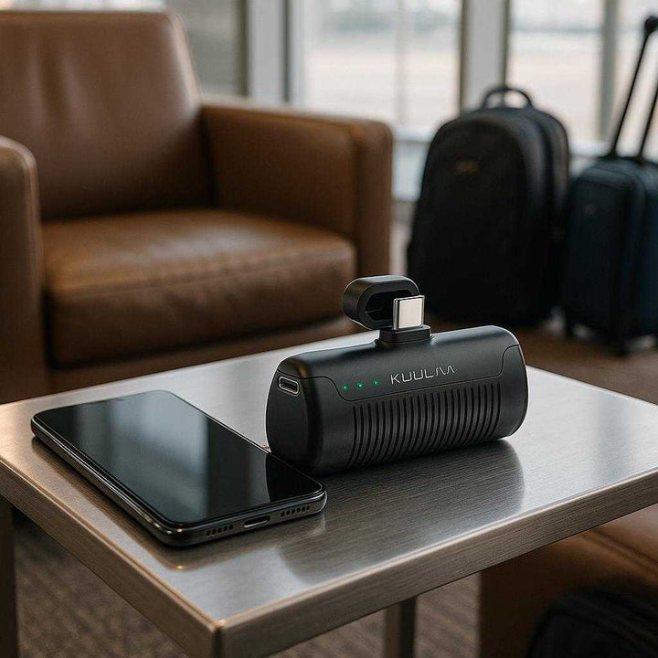 Opladningsløsning: Kompakt Mini Powerbank 4500mAh til Mobil – Avanceret, Bærbar og Effektiv: A different realistic airport lounge setting where the compact mini powerbank is securely positioned on a metal side table, being used naturally as a smartphone is placed beside it, showing that it is ready for charging before a flight.