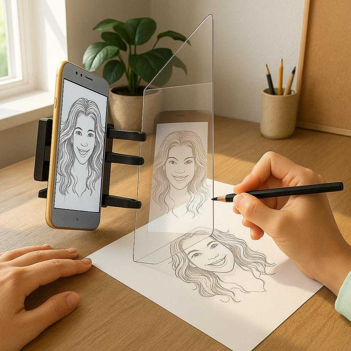 Optical Drawing Bakke - Sort, Plastik & Akrylplade, Forbedrer Tegnepræcision, Nem & Bærbar: A realistic home studio setting where the Optical Drawing Bakke is properly grounded on a wooden desk, being actively used by an adult artist.