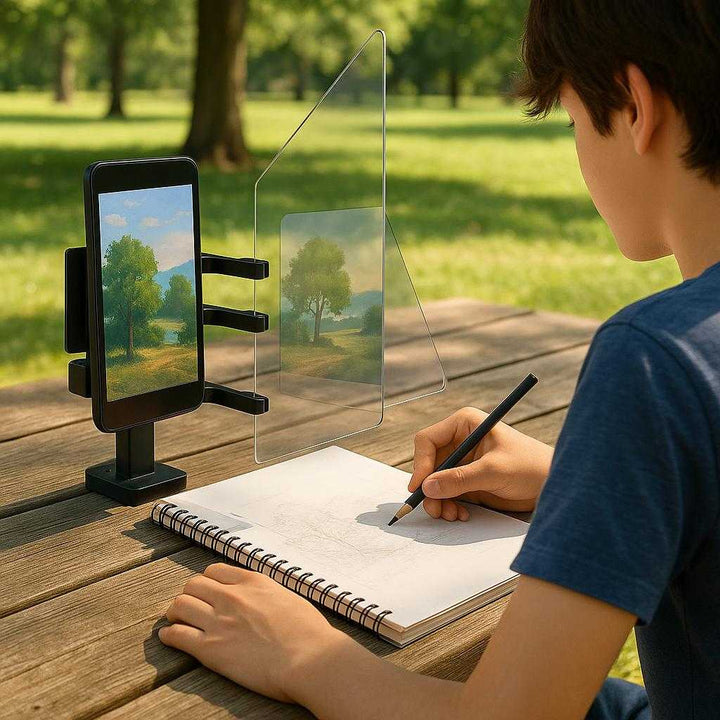 Optical Drawing Bakke - Sort, Plastik & Akrylplade, Forbedrer Tegnepræcision, Nem & Bærbar: A different realistic outdoor park setting where the Optical Drawing Bakke is securely positioned on a picnic table, being used by a teenager in a casual drawing session.