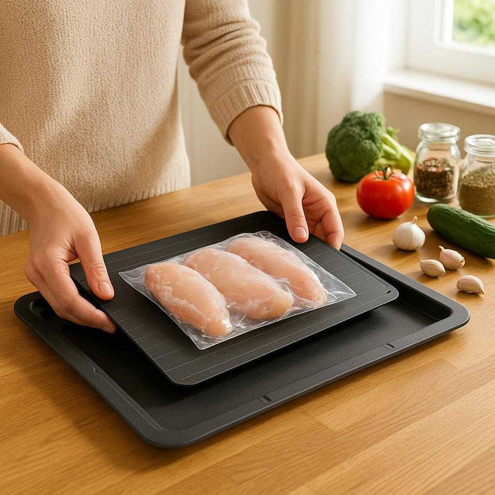 Optøningsplade til Hurtig og Effektiv Optøning - Professionel Metal Design med Mat Finish: A realistic kitchen setting where the Optøningsplade is properly grounded on a wooden kitchen countertop, being actively used by a person defrosting a pack of frozen chicken breasts.