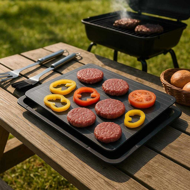 Optøningsplade til Hurtig og Effektiv Optøning - Professionel Metal Design med Mat Finish: A different realistic outdoor barbecue setting where the Optøningsplade is securely positioned on a picnic table, being used to defrost burgers and vegetables in preparation for grilling.