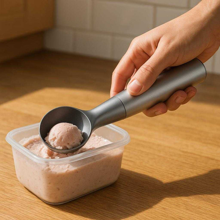 Opvarmet isske med digital skærm – Perfekt til hård is og dessert, tilgængelig i sølv og sort: A realistic kitchen setting where the heated ice scraper with a digital screen is properly grounded on a wooden countertop, being actively used by a hand to scoop hard ice cream from a container.