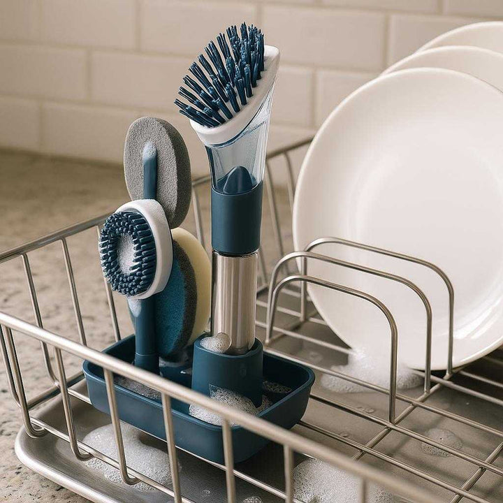 Opvaskebørste i Silikone med Sæbedispenser - Professionel Rengøring og Ergonomisk Design: A different realistic kitchen counter setting where the product is securely positioned in a dish rack, naturally placed next to neatly stacked dishes.