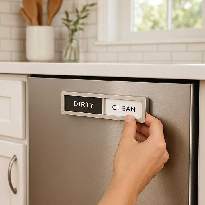 Opvaskemarkør i Moderne Design - Praktisk Indikator for Ren eller Beskidt Opvask: A realistic modern kitchen setting where the product is properly grounded on the front of a dishwasher, actively being used by a person's hand that is sliding the indicator to 'Clean' after setting dishes inside.
