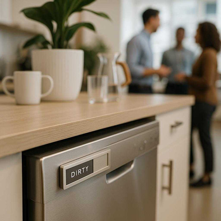 Opvaskemarkør i Moderne Design - Praktisk Indikator for Ren eller Beskidt Opvask: A different realistic office kitchenette setting where the product is securely positioned on a smaller dishwasher's front panel, naturally set to 'Dirty' after a lunch break.