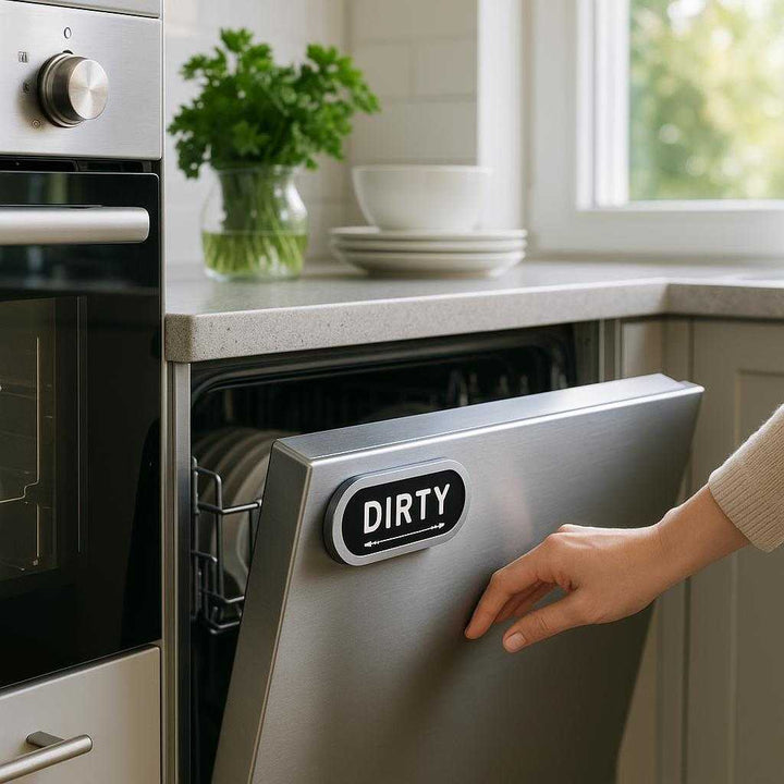 Opvaskemaskineskilt i moderne design - Nem statusindikation i køkkenet, tilgængelig i sort, hvid og mørkegrøn: A sleek, modern kitchen with stainless steel appliances and bright natural lighting streaming through a window.