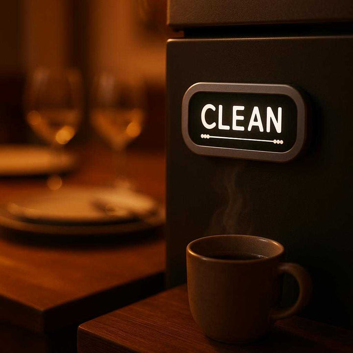 Opvaskemaskineskilt i moderne design - Nem statusindikation i køkkenet, tilgængelig i sort, hvid og mørkegrøn: A cozy evening kitchen setting, where warm ambient lighting casts a soft glow.