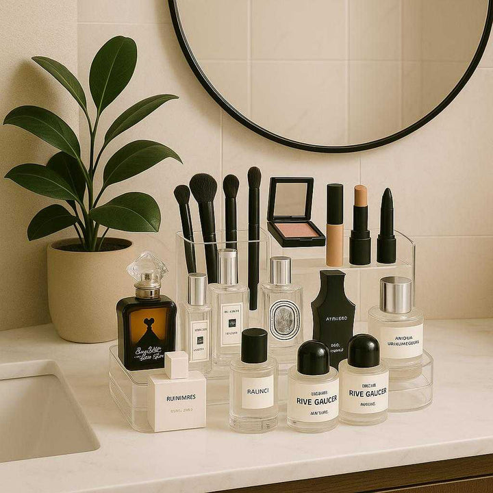Organizer i Klar Akryl med 3 Niveauer til Makeup - Stilfuld og Praktisk Opbevaringsløsning. In a chic, minimalist bathroom, the acrylic organizer elegantly holds makeup and perfume, positioned beside a lush plant and a stylish mirror, creating a serene atmosphere.