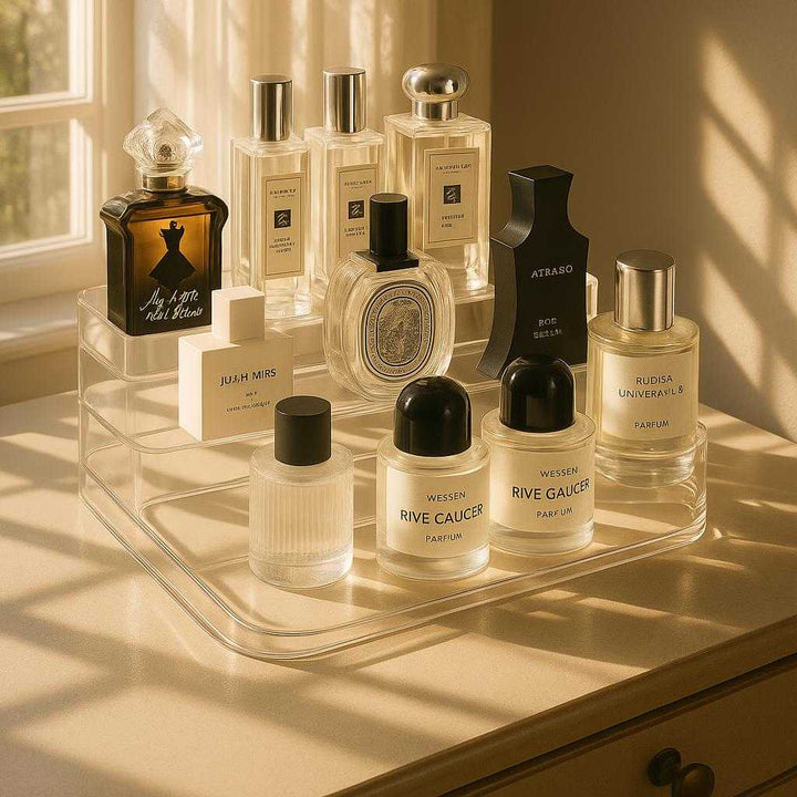 Organizer i Klar Akryl med 3 Niveauer til Makeup - Stilfuld og Praktisk Opbevaringsløsning. The clear acrylic organizer sits on a vanity table, neatly holding an array of perfumes bottles with sunlight streaming in through a nearby window, casting soft shadows.