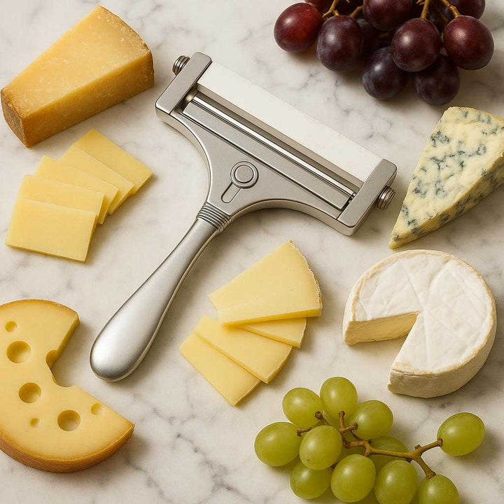Osteskærer i rustfrit stål med justerbar tråd – Professionel præcision og holdbarhed. The cheese slicer elegantly placed on a marble countertop, surrounded by an assortment of cheeses and grapes, ready for a sophisticated wine and cheese evening.