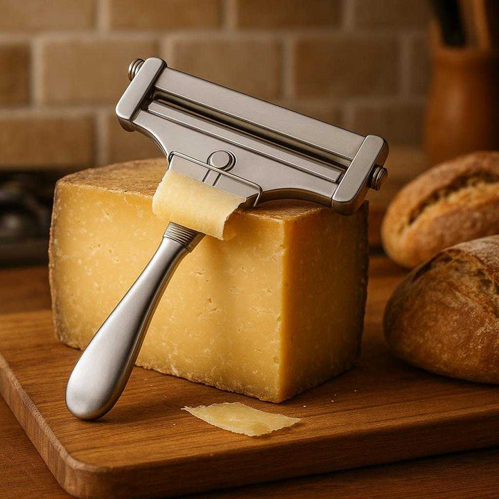 Osteskærer i rustfrit stål med justerbar tråd – Professionel præcision og holdbarhed. The stainless steel cheese slicer is in action, smoothly slicing through a block of aged cheese on a wooden board in a cozy kitchen, with freshly baked bread nearby.