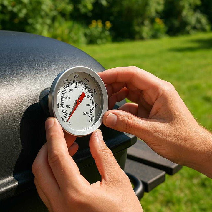 Ovntermometer i Rustfrit Stål - Præcis Temperaturmåling til Grill og Ovn: A realistic backyard grilling scene where the thermometer is properly grounded on the side of a grill lid, being actively monitored by a pair of hands to ensure precise cooking temperature.