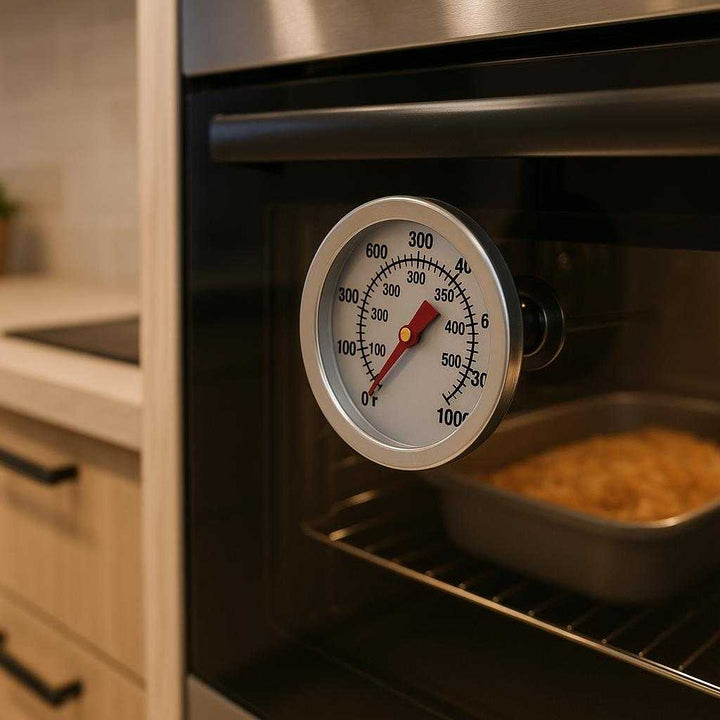 Ovntermometer i Rustfrit Stål - Præcis Temperaturmåling til Grill og Ovn: A different realistic kitchen setting where the thermometer is securely positioned through the door of an oven, naturally placed as it reads the temperature of a baking dish inside.