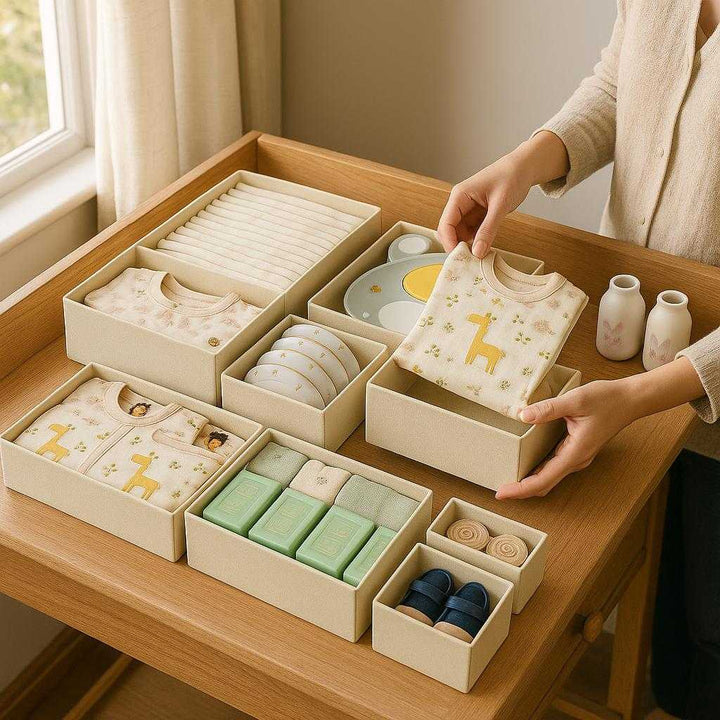 Pakke Organisere i Tekstil og Papir - Beige, Lyserød, Sortering, Grå, Lys Gul - God Kvalitet: A realistic nursery setting where the product is properly grounded on a wooden changing table, being actively used by a caregiver organizing baby clothes and toiletries.