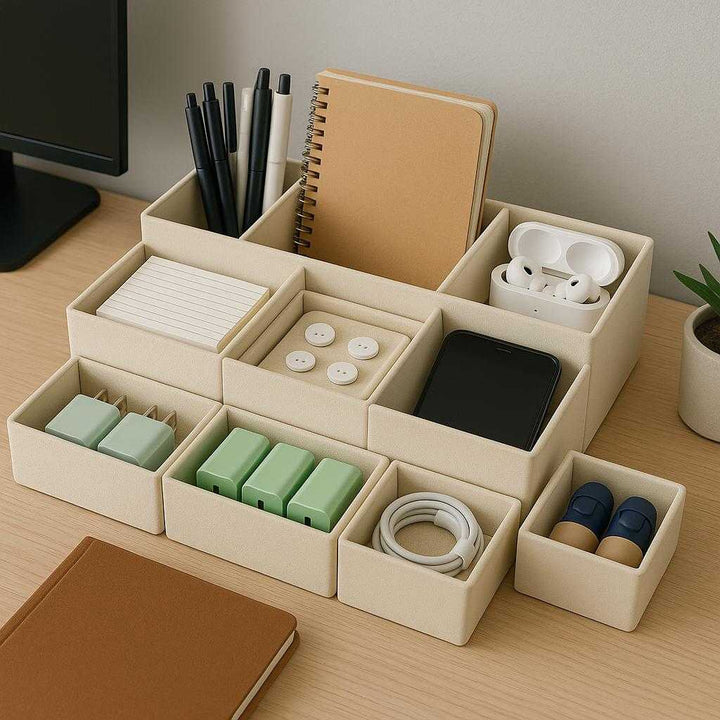 Pakke Organisere i Tekstil og Papir - Beige, Lyserød, Sortering, Grå, Lys Gul - God Kvalitet: A different realistic home office setting where the product is securely positioned on a desk, used for organizing stationery and small electronics.