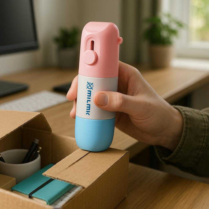 Pakkeåbner i lommestørrelse - Ultrakompakt og let, perfekt til papkasser og emballage - Tilgængelig i Blå og Pink: A realistic home office setting where the product is properly grounded on a wooden desk, being actively used by a person to open a cardboard box containing office supplies.