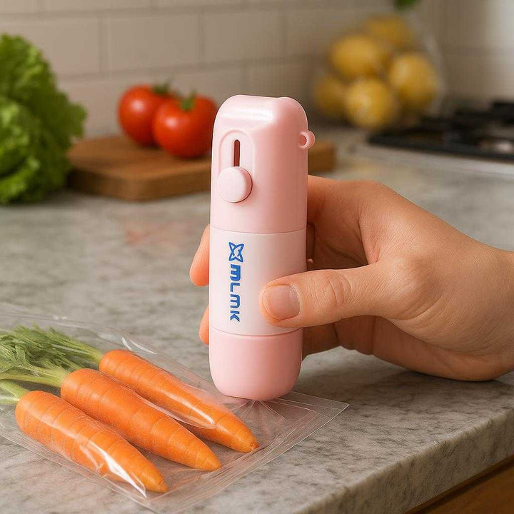 Pakkeåbner i lommestørrelse - Ultrakompakt og let, perfekt til papkasser og emballage - Tilgængelig i Blå og Pink: A different realistic kitchen setting where the product is securely positioned on a marble countertop, being used to cut through plastic packaging of groceries.