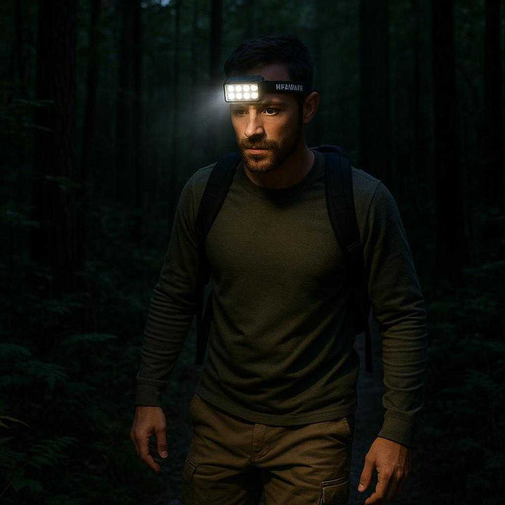 Pandelygte med 8 LED-lys - Justerbart kraftigt pandebånd - Genopladelig til udendørs brug. A hiker wearing the adjustable headlamp with 8 LED lights is walking through a dense forest trail at dusk, the headlamp brightly illuminating the path ahead with trees surrounding the scene.