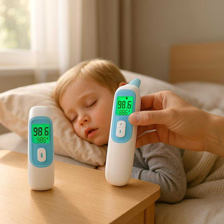 Pandetermometer – Høj Kvalitet Infrarød Febermåler til Hele Familien, Berøringsfri og Præcis: A realistic bedroom setting where the product is properly grounded on a bedside table, being actively used by a parent checking the temperature of a sleeping child, with soft morning light coming through a window, casting realistic shadows and showing clear contact points where the product touches the surface and the hand.