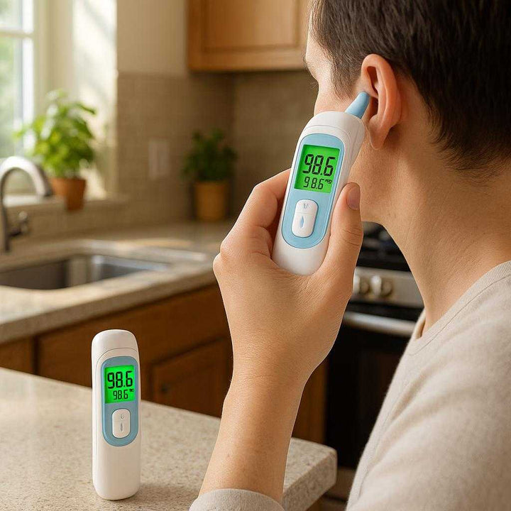 Pandetermometer – Høj Kvalitet Infrarød Febermåler til Hele Familien, Berøringsfri og Præcis: A different realistic kitchen setting where the product is securely positioned on a countertop, being used differently by an adult checking their own temperature in the afternoon, with natural sunlight illuminating the space, creating proper physics, shadows, and realistic integration into the environment.