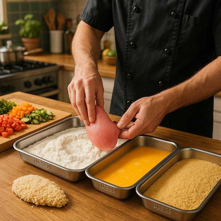 Paneringsbakker i Rustfrit Stål – 3-delt Sæt til Professionel og Hygiejnisk Panering. In a bustling home kitchen, a chef expertly dips chicken fillets sequentially into the stainless steel breading trays filled with flour, egg wash, and breadcrumbs, as fresh vegetables lay chopped nearby.