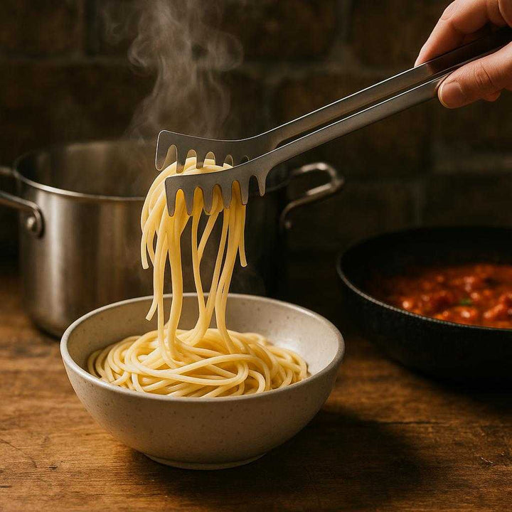 Pastatang i Rustfrit Stål - Professionel Kvalitet med Silikonegreb til Pasta og Salater. The professional-grade stainless steel pasta tongs are being used to serve freshly boiled spaghetti into a bowl on a rustic kitchen countertop, with steam rising and a pot of sauce simmering nearby.