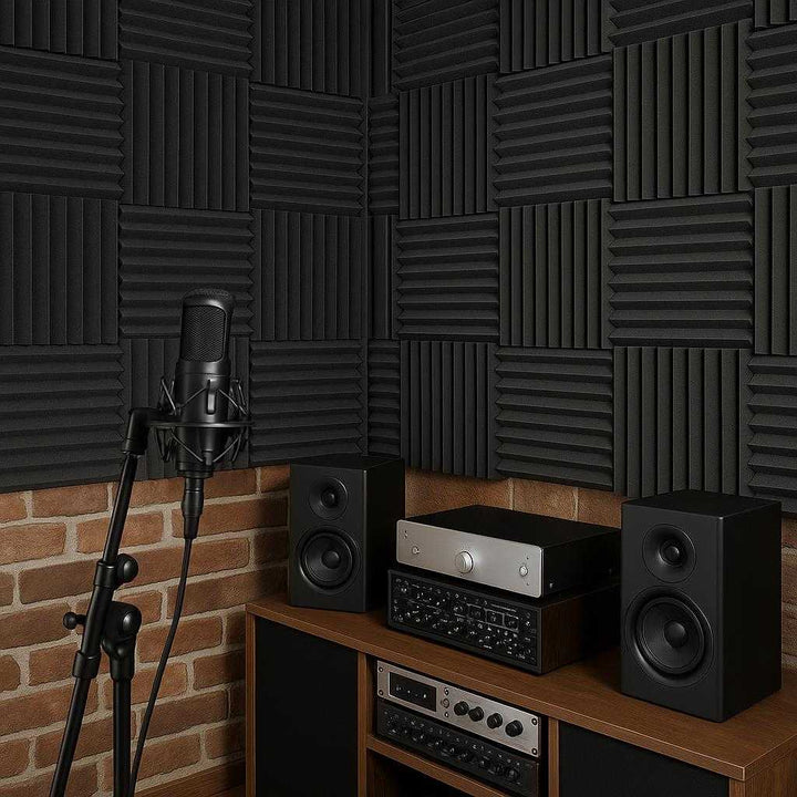 Perfekt Lydabsorberende Akustikpaneler i Sort Skum - Ideel til Kontor, Hjemmebrug og Optagelsesstudier: A different realistic recording studio setting where the acoustic panels are securely positioned on the walls surrounding an array of high-end audio equipment and a microphone stand.