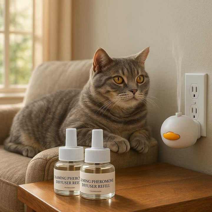 Pheromondiffuser til katte - Reducerer stress og angst med beroligende feromoner: A realistic cozy living room where the product is properly grounded on a wooden side table next to a plush armchair.