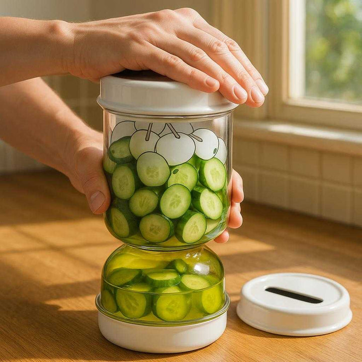 Pickle Glas – Høj Kvalitet Fermenteringsglas med Låg og Presseindsats til Professionel Madopbevaring: A realistic kitchen counter where the Pickle Glas is properly grounded on a wooden surface, being actively used by a person's hands to press down freshly chopped cucumbers inside the jar.