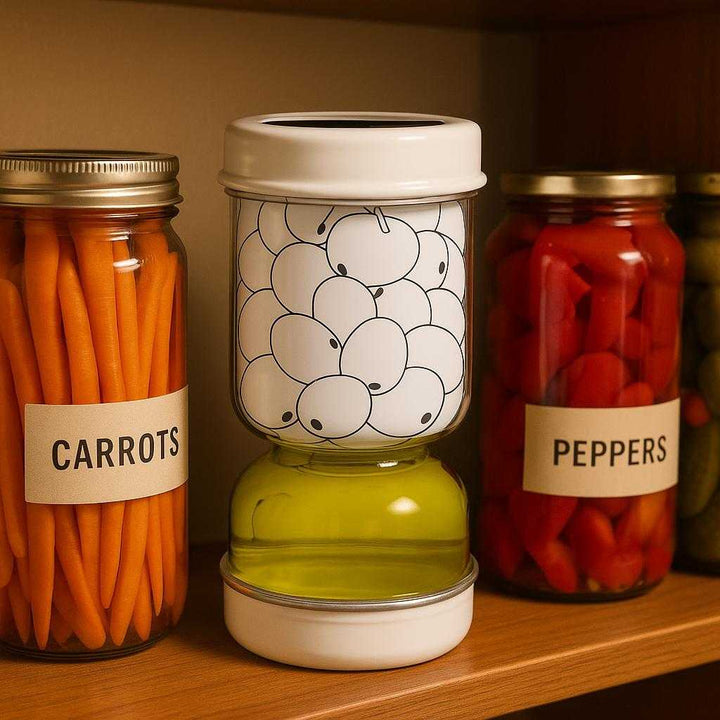 Pickle Glas – Høj Kvalitet Fermenteringsglas med Låg og Presseindsats til Professionel Madopbevaring: A different realistic pantry shelf setting where the Pickle Glas is securely positioned among other jars, filled with colorful pickled vegetables like carrots and peppers.