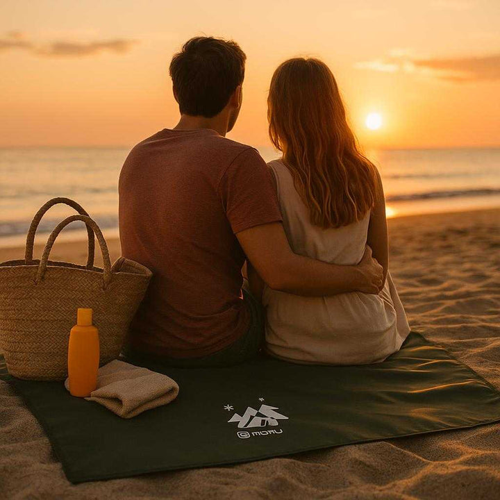 Picnic Tæppe: Vandtæt, Letvægt, Sammenklappeligt - Ideel til Udendørs Aktiviteter i Grøn og Sort Farve: A different realistic beach setting where the picnic blanket is securely positioned on sandy terrain, being used naturally by a couple watching the sunset.