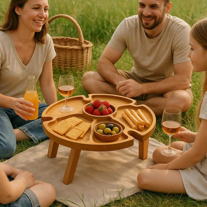 Picnicbakke i rustikt design - Bærbar og kompakt, ideel til udendørs brug. The rustic picnic basket table is set up on a grassy field, surrounded by a family enjoying a picnic with snacks and drinks placed neatly in its compartments.