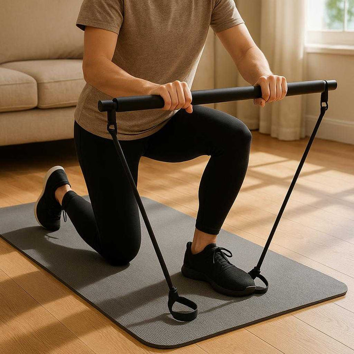 Pilates Stang med Elastik - Ideel til Hjemmetræning, Toning og Fleksibilitet: A realistic living room setting where the Pilates bar with elastic bands is properly grounded on a yoga mat, being actively used by a person doing a stretching exercise.
