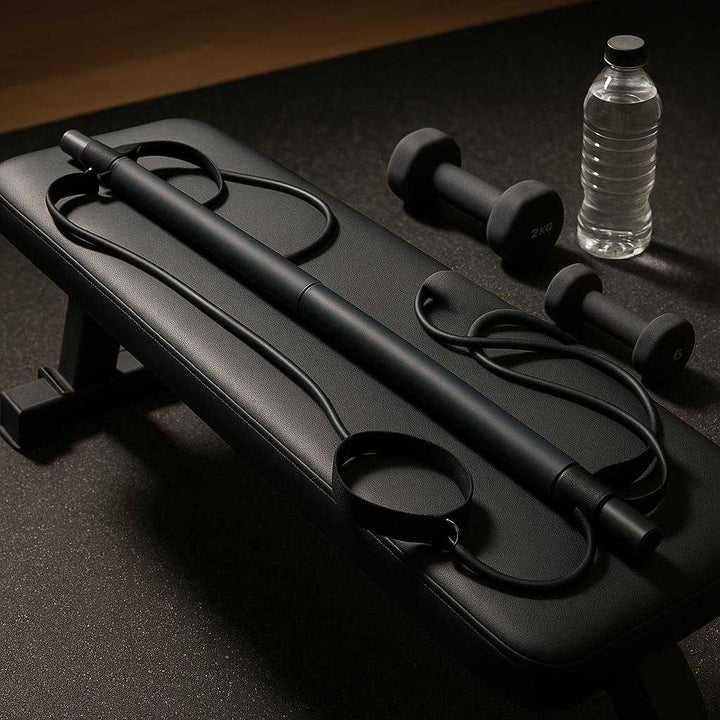 Pilates Stang med Elastik - Ideel til Hjemmetræning, Toning og Fleksibilitet: A different realistic home gym setting where the Pilates bar with elastic bands is securely positioned on a workout bench, placed naturally as part of a fitness routine display.