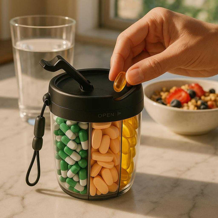 Pille Organizer i Plastik og Silicone - Sort, Rosa, Blå, Hvid - Let at Transportere: A realistic kitchen setting where the Pille Organizer i Plastik og Silicone is properly grounded on a marble countertop, being actively used by a hand sorting vitamins and pills into the compartments.