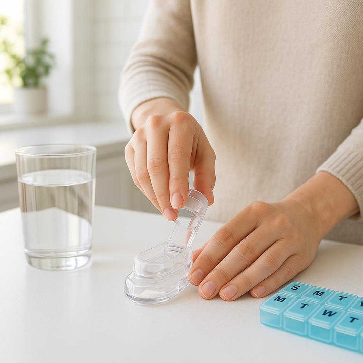 Pilleknuser i Gennemsigtig Plastik - Kompakt, Brugervenlig og Effektiv til Daglig Brug. In a bright, minimalistic kitchen, a person effortlessly crushes pills using the compact pill crusher, while a glass of water and a daily pill organizer are neatly arranged on the countertop, creating a sense of ease and routine.