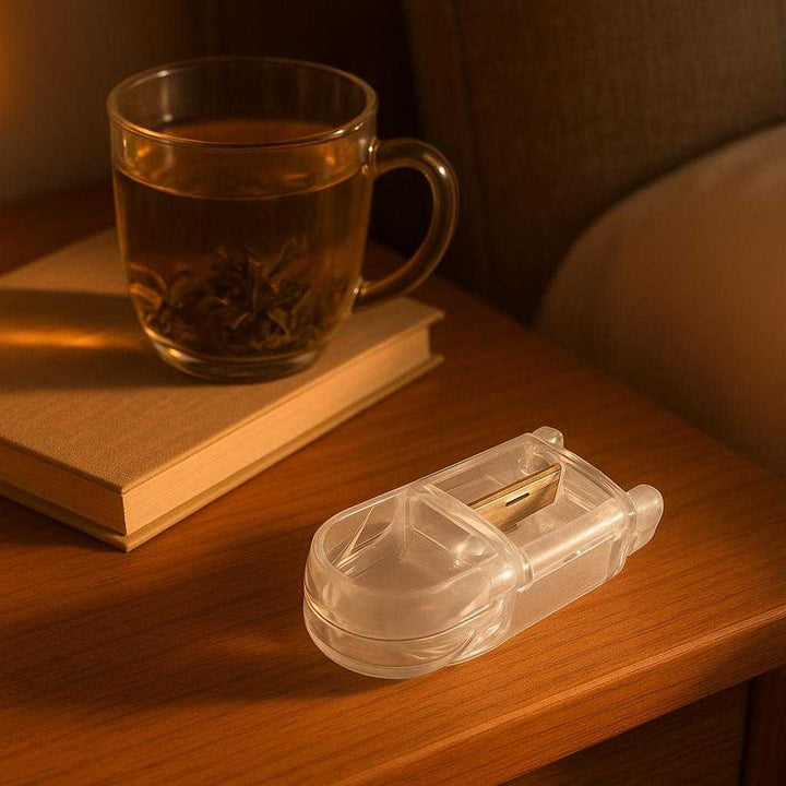 Pilleknuser i Gennemsigtig Plastik - Kompakt, Brugervenlig og Effektiv til Daglig Brug. On a bedside table bathed in warm evening light, the transparent pill crusher sits ready for use alongside a calming herbal tea and a book, embodying a serene and organized bedtime ritual.