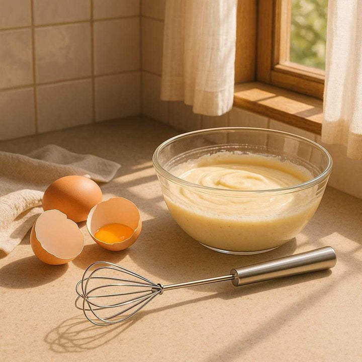 Piskeris i Rustfrit Stål med Trykfunktion - Høj Kvalitet og Ergonomisk Design til Professionel Brug. A homey kitchen setting with the whisk resting on a countertop beside freshly cracked eggs and a bowl of batter ready for baking, sunlight streaming through a window highlighting the sleek design.