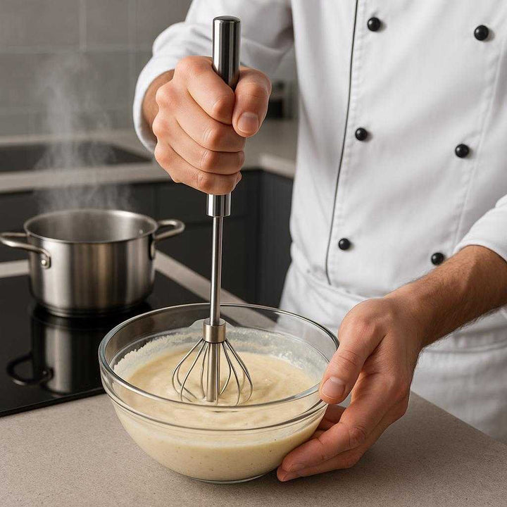 Piskeris i Rustfrit Stål med Trykfunktion - Høj Kvalitet og Ergonomisk Design til Professionel Brug. The stainless steel whisk is in action, blending a creamy sauce in a modern kitchen, with a chef skillfully pressing the handle while a pot of steam simmers in the background.