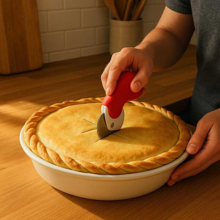 Pizza Pie Curler i Rød og Hvid Plastik og metal - Nem at Bruge, Præcis Skæring, Ergonomisk - 1 stk God Kvalitet: A realistic kitchen setting where the pizza pie curler is properly grounded on a wooden countertop, being actively used by a person to cut through a freshly baked pie.