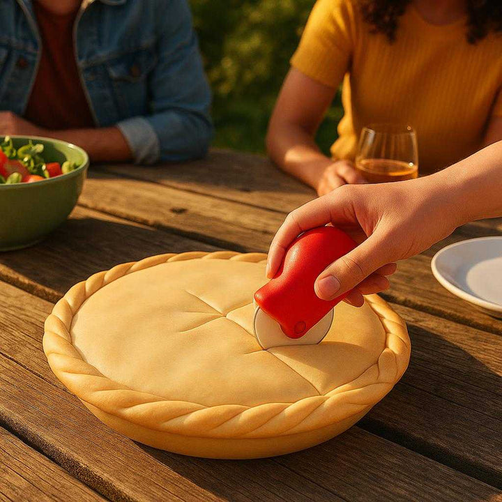 Pizza Pie Curler i Rød og Hvid Plastik og metal - Nem at Bruge, Præcis Skæring, Ergonomisk - 1 stk God Kvalitet: A different realistic picnic table setting where the pizza pie curler is securely positioned on a rustic wooden table, being used to precisely cut another pie with friends gathered around.