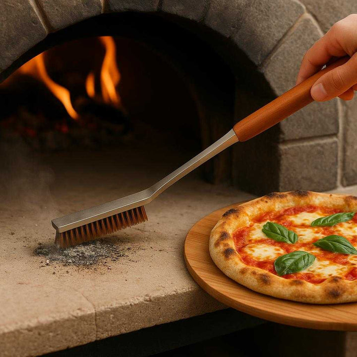Pizzabørste i rustfrit stål og træskaft – Professionel og Høj Kvalitet til Pizzaovn. The stainless steel pizza oven brush with a wooden handle is being used to sweep leftover ash and debris from a hot stone pizza oven, with a freshly baked pizza cooling on the side.