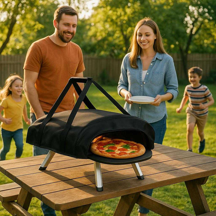 Pizzaovn Bærbar Gas og Elektrisk – Perfekt til Sprøde Hjemmelavede Pizzaer i Høj Kvalitet. A family enjoys a sunny backyard barbecue with the portable pizza oven set up on a picnic table, baking a fresh pizza as children play in the background.