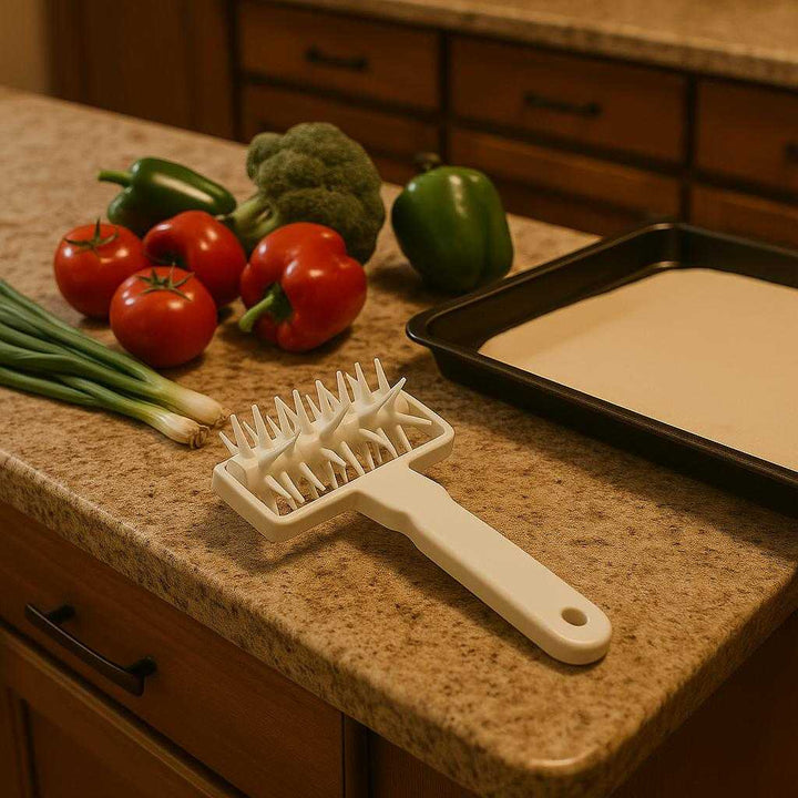 Pizzaskærer i Plastik - Hvid, Forhindrer Bobler, Let at Bruge, Standard Kvalitet, 'S/M' = 'S/M': A different realistic dining setting where the Pizzaskærer i Plastik is securely positioned on a kitchen island, naturally placed alongside fresh vegetables and a baking tray, suggesting its role in meal preparation.
