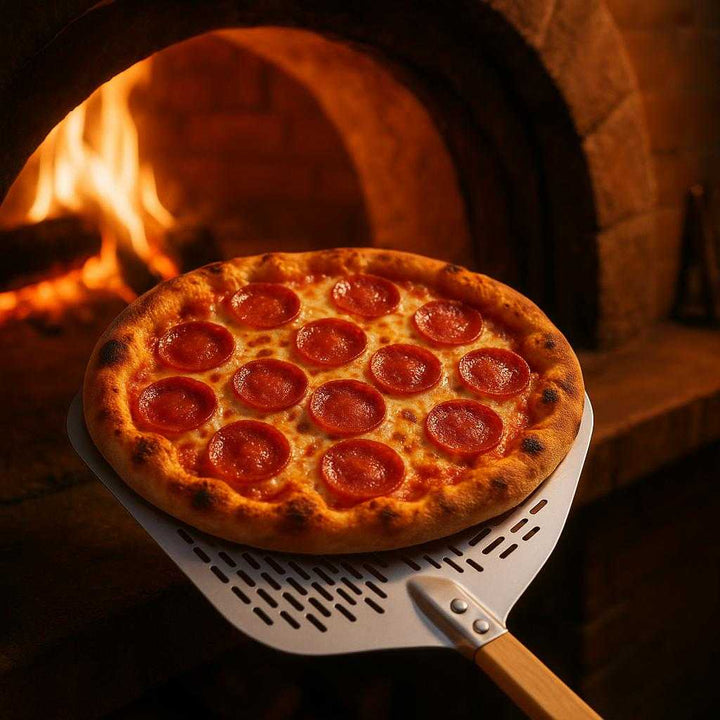 Pizzaspade med huller - Professionel og letvægts, tilgængelig i sølv og sort. A professional lightweight pizza peel with holes slides perfectly under a bubbling pepperoni pizza in a rustic wood-fired oven, surrounded by a warm kitchen glow.