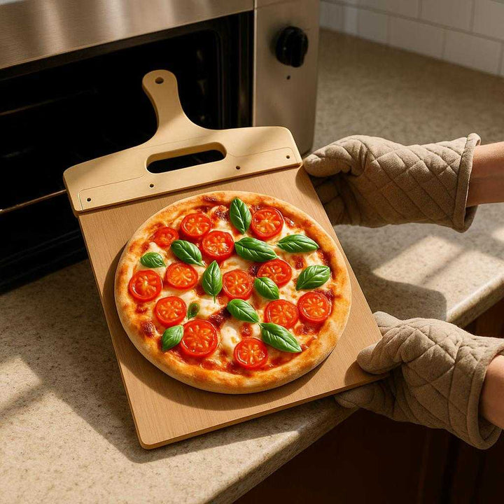 Pizzaspatel i Træ med Non-Stick Belægning - 1 stk, Holdbar og Let at Håndtere: A realistic kitchen setting where the pizza spatula is properly grounded on a countertop, actively being used by a person to slide a freshly baked pizza from an oven.