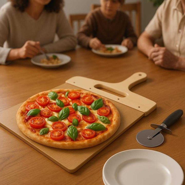 Pizzaspatel i Træ med Non-Stick Belægning - 1 stk, Holdbar og Let at Håndtere: A different realistic dining room setting where the pizza spatula is securely positioned on a wooden dining table, naturally placed alongside a pizza cutter and plates, ready for serving.