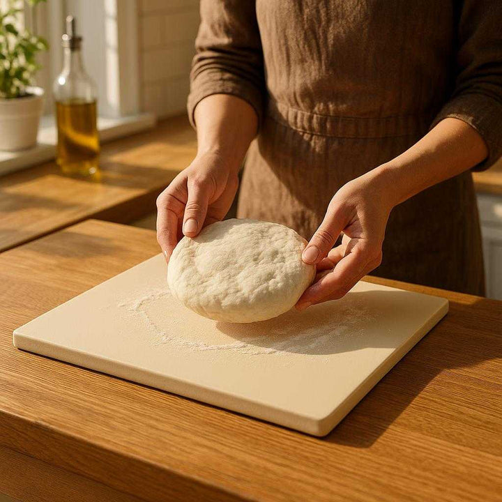 Pizzasten i keramik - holdbar, Let at Rengøre, Æstetisk Tiltalende - 265×255×8mm, 305×305×10mm, 330×330×11mm: A realistic kitchen setting where the ceramic pizza stone is properly grounded on a wooden countertop, being actively used by a person placing a freshly kneaded pizza dough on it, with natural sunlight streaming through a nearby window creating realistic shadows and showing clear contact points where the stone meets the countertop.