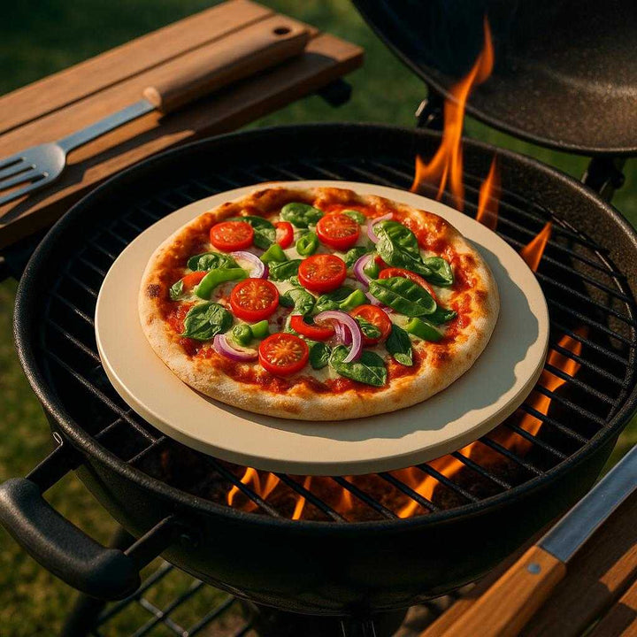 Pizzasten i keramik - holdbar, Let at Rengøre, Æstetisk Tiltalende - 265×255×8mm, 305×305×10mm, 330×330×11mm: An outdoor barbecue setting where the ceramic pizza stone is securely positioned on a charcoal grill, being used to cook a half-baked pizza topped with fresh vegetables and cheese, with the surrounding grill tools and flames casting dynamic shadows and the stone integrating seamlessly into the lively environment.
