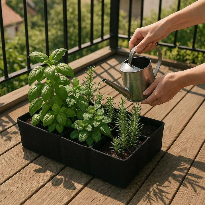 Plantekasse med 8 Rum - Sort Tekstil til Altan og Have - Top Kvalitet: A realistic balcony garden setting where the planter box is properly grounded on a wooden deck, filled with fresh herbs like basil, mint, and rosemary.